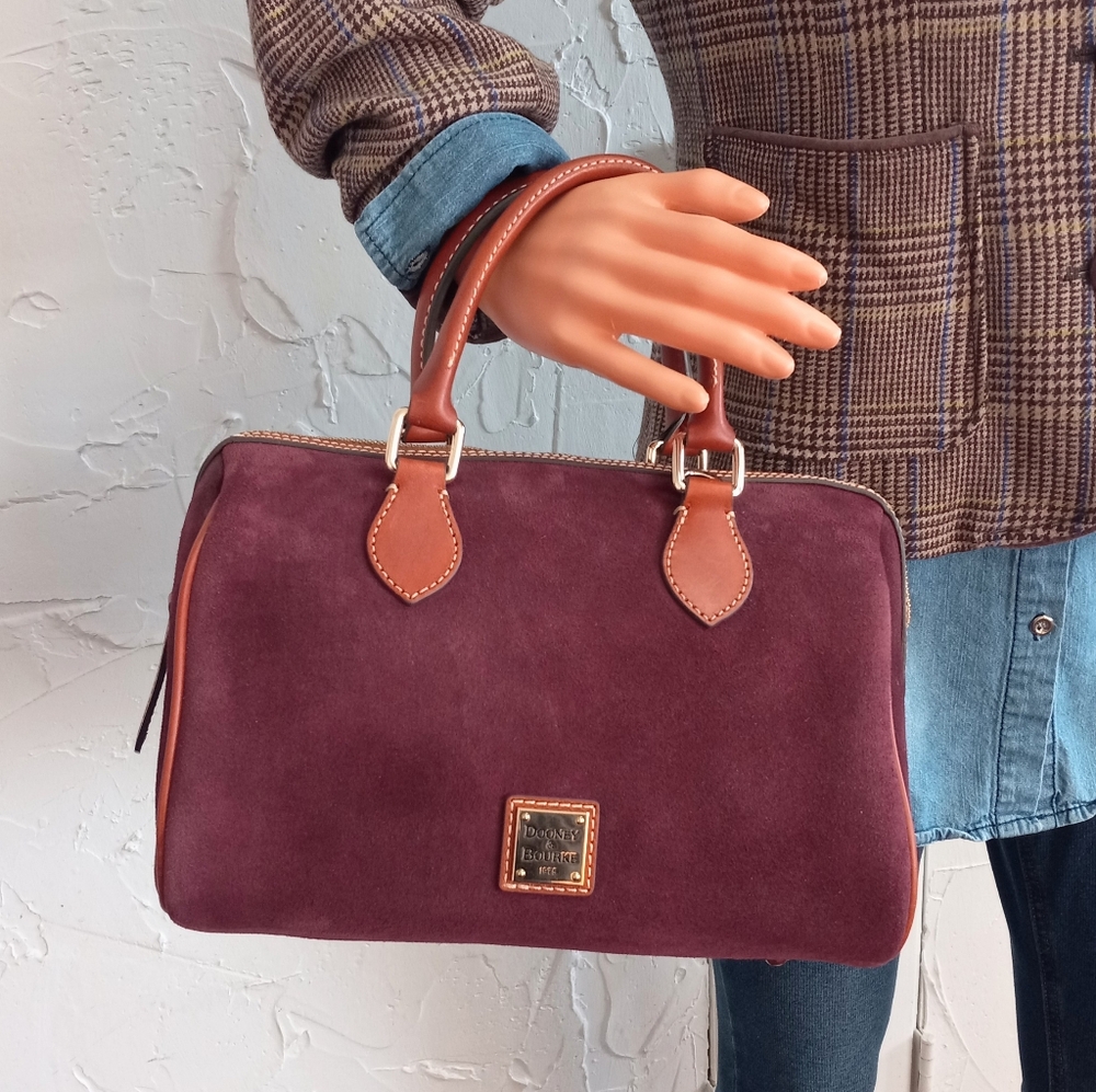 Dooney & Bourke Suede Barrel Satchel with Crossbody Strap, in Wine.